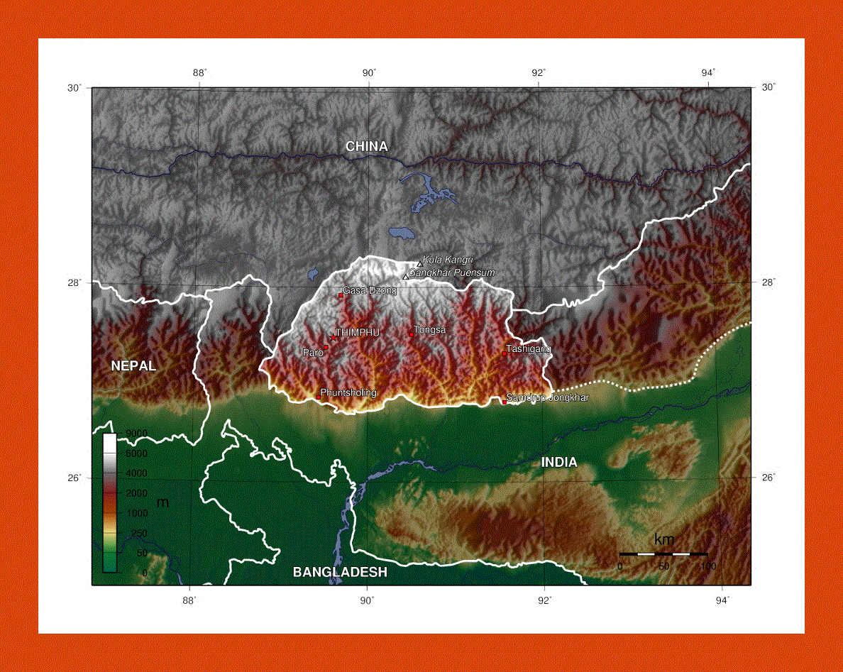 Physical map of Bhutan