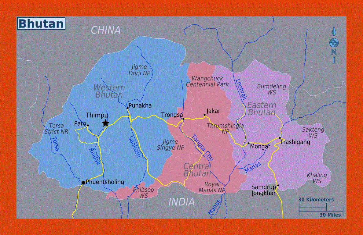 Regions map of Bhutan