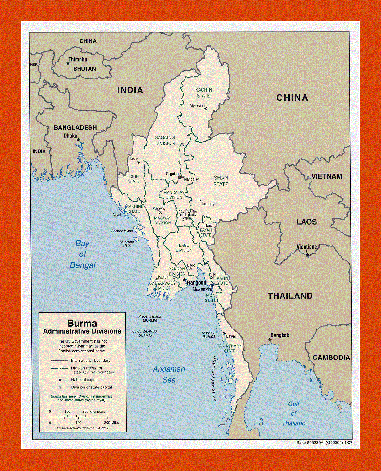 Administrative divisions map of Burma (Myanmar) - 2007