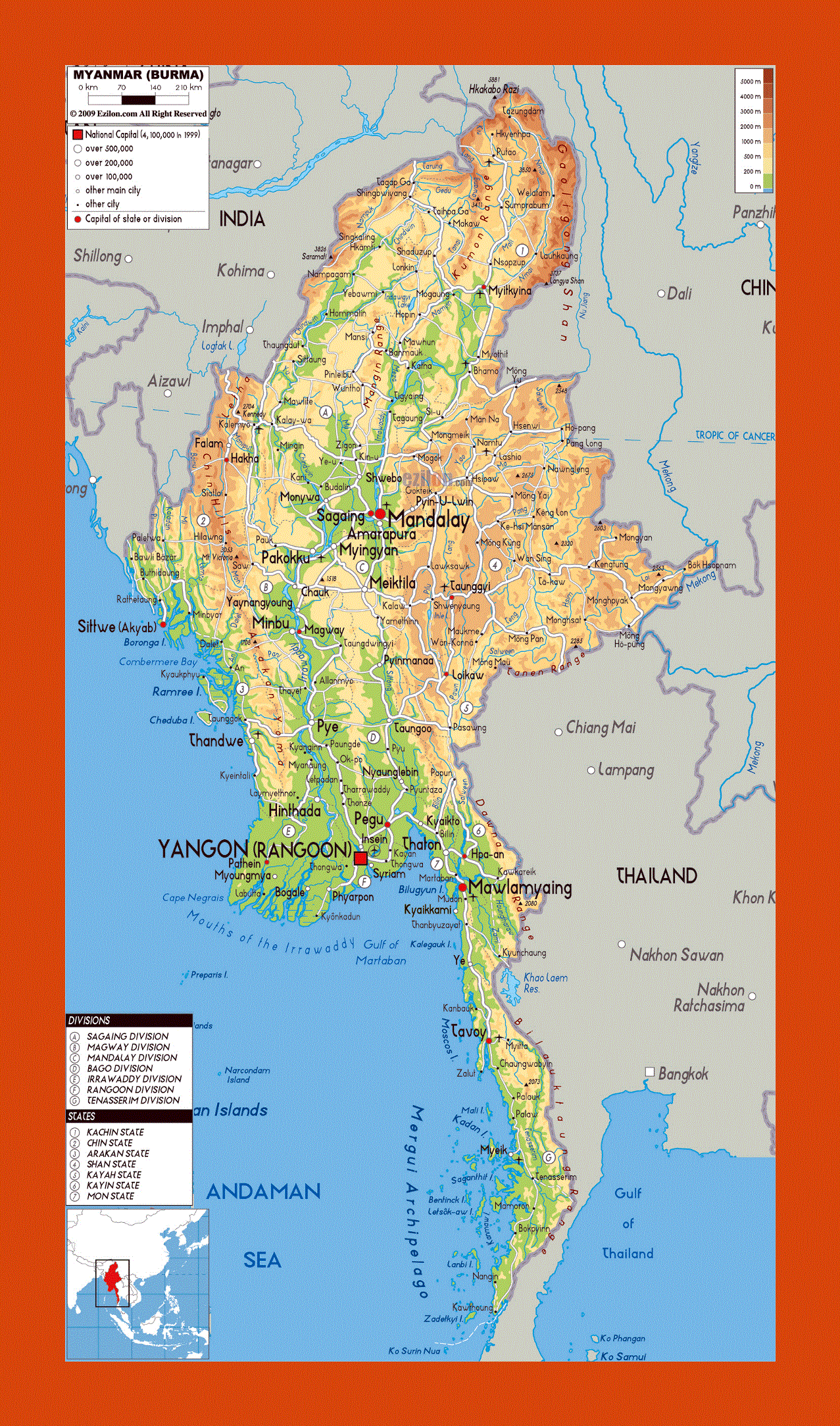 Physical map of Myanmar