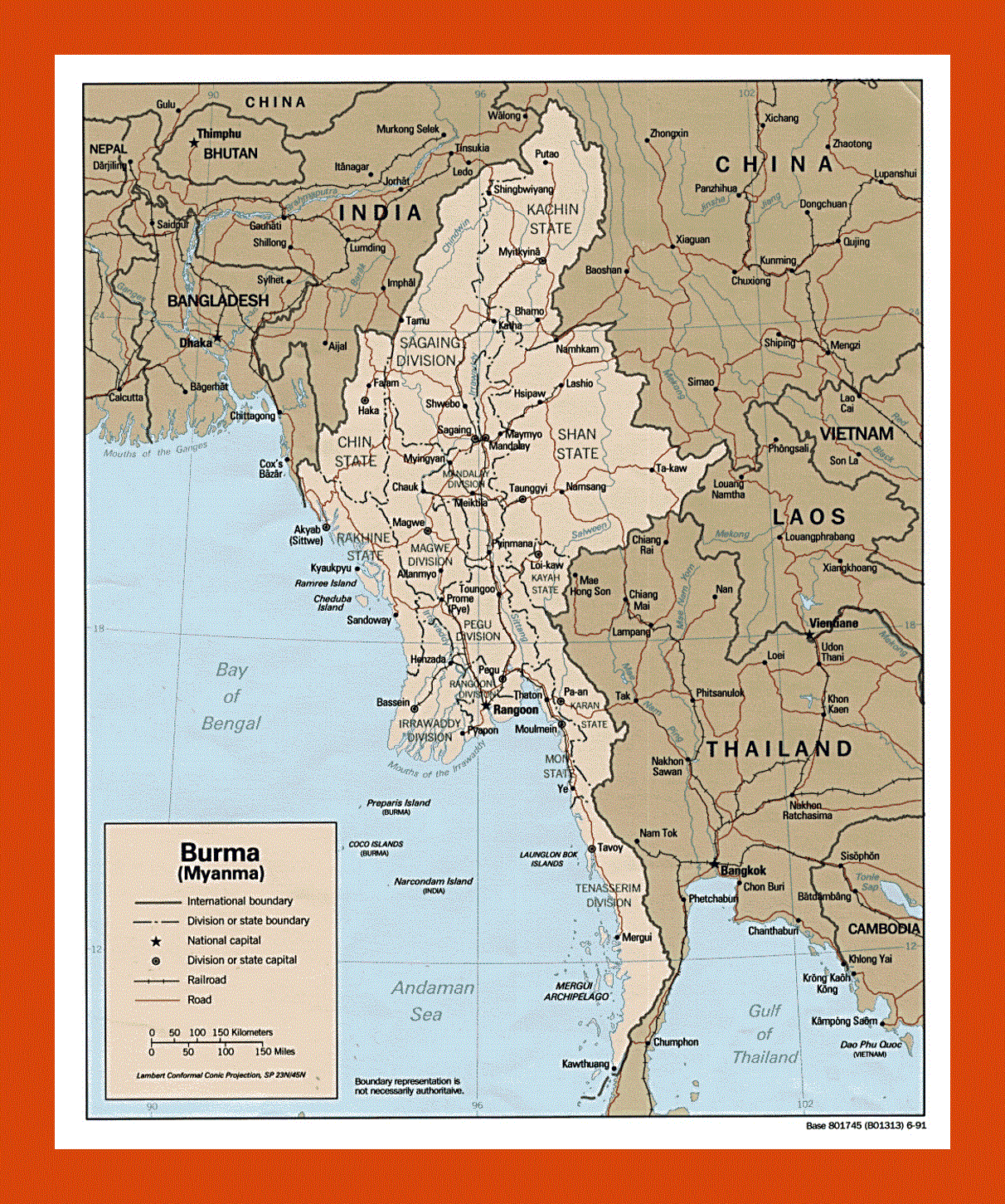 Political and administrative map of Burma (Myanmar) - 1991