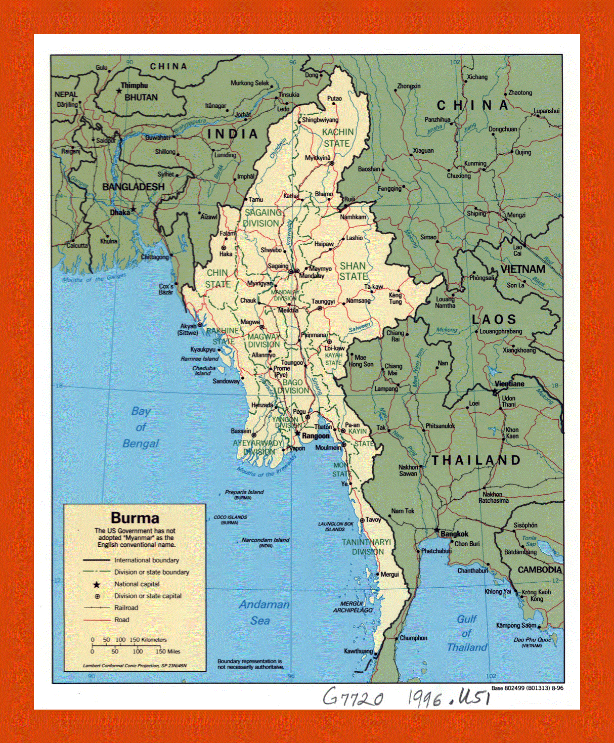 Political and administrative map of Burma (Myanmar) - 1996