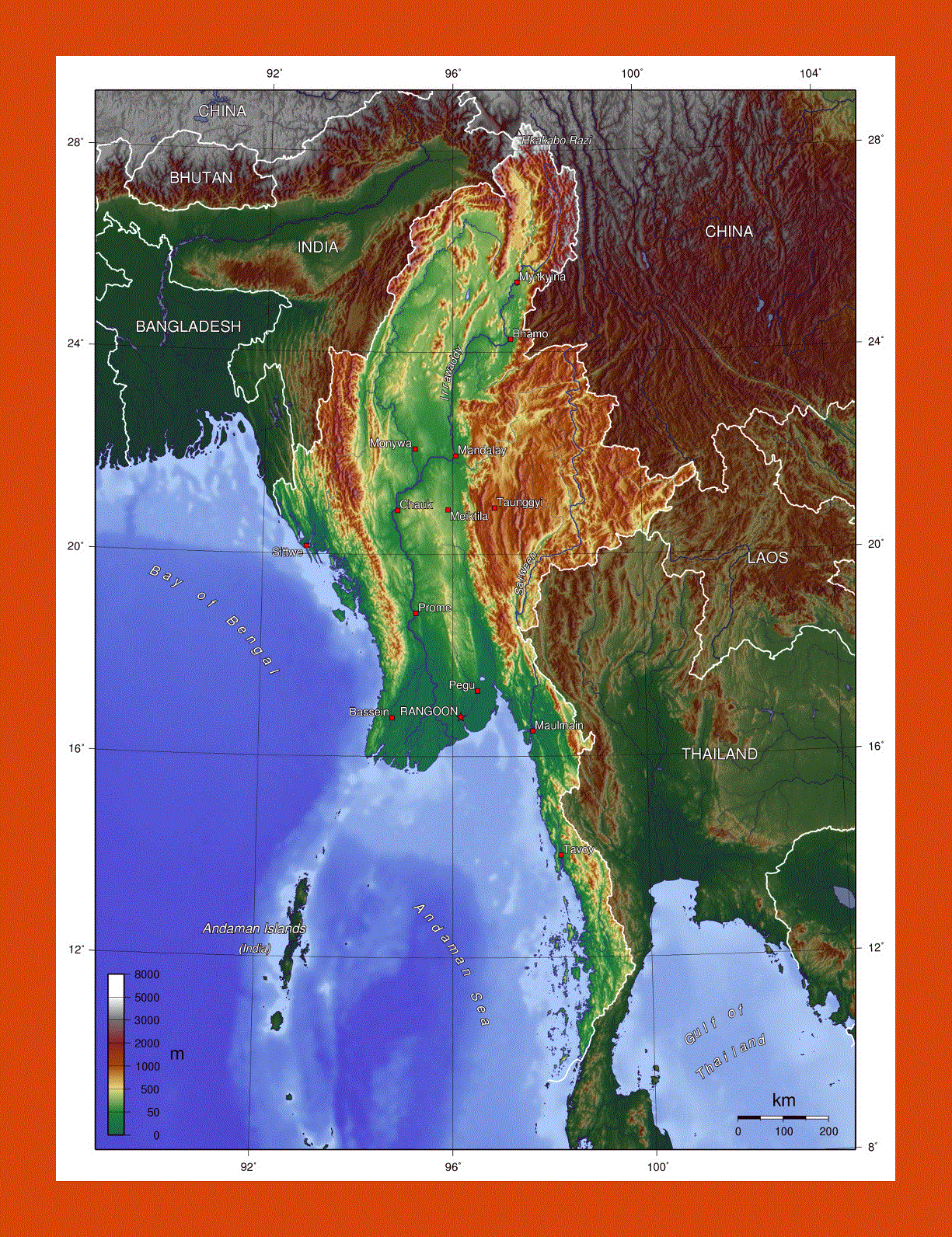Topographical map of Burma