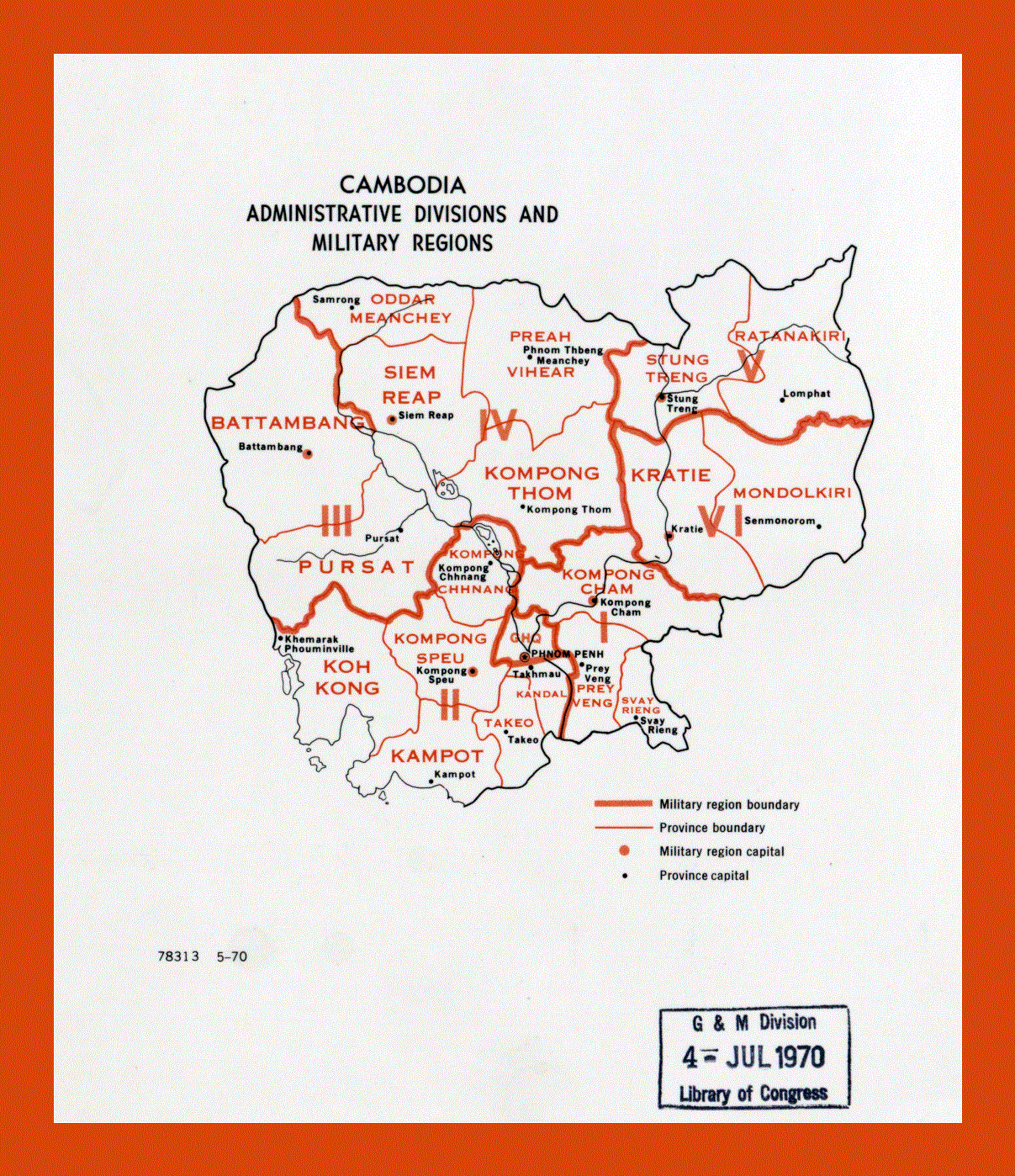 Administrative divisions and military regions map of Cambodia - 1970