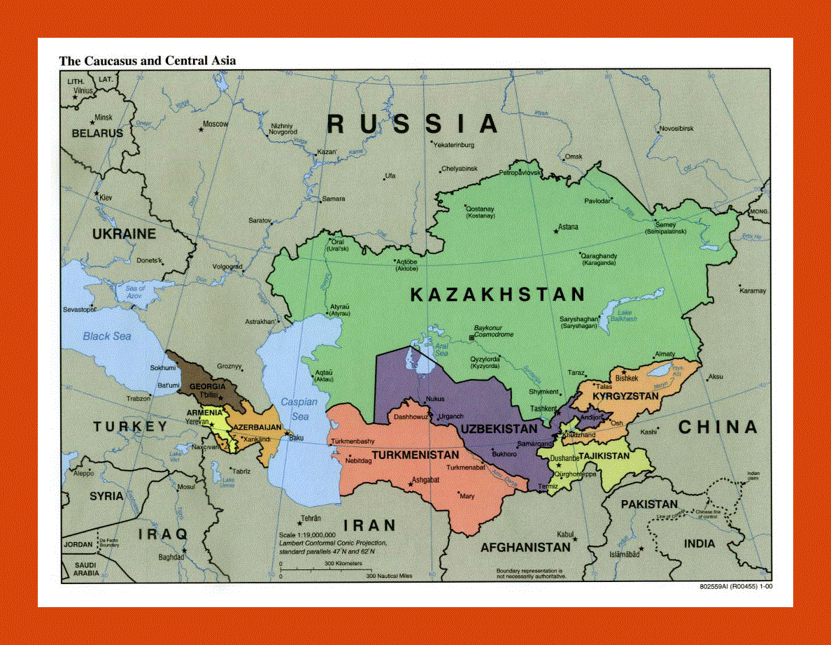 Political map of the Caucasus and Central Asia - 2000