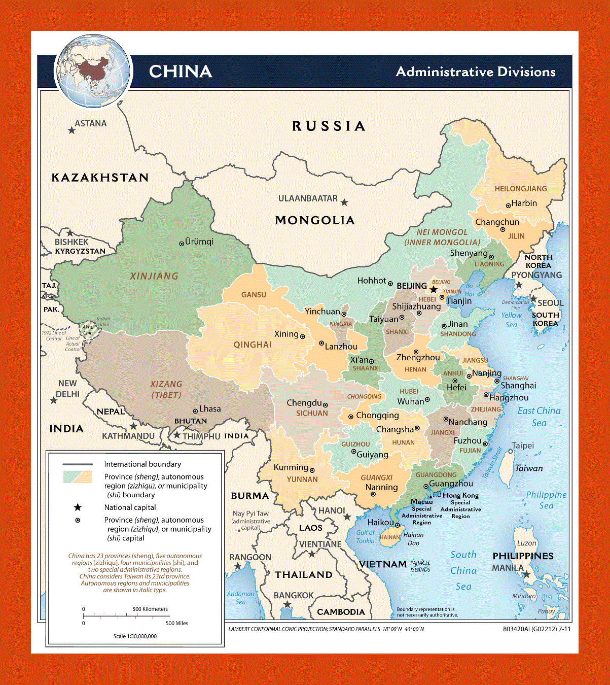 Administrative divisions map of China - 2011