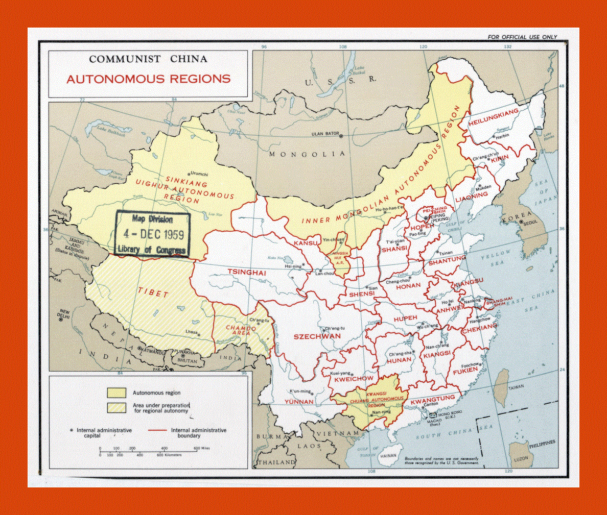 Autonomous regions map of Communist China - 1959