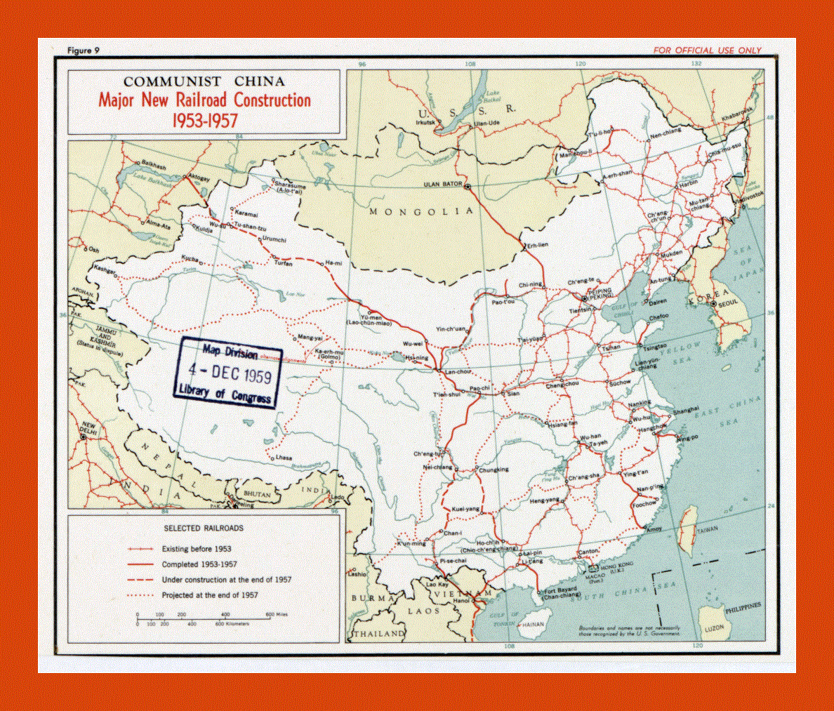 Major new railroad construction map of Communist China - 1953 1957