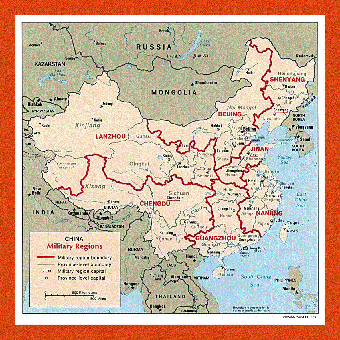 Military regions map of China - 1996