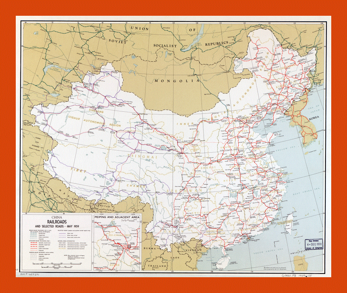 Railroads and selected roads map of China - 1959