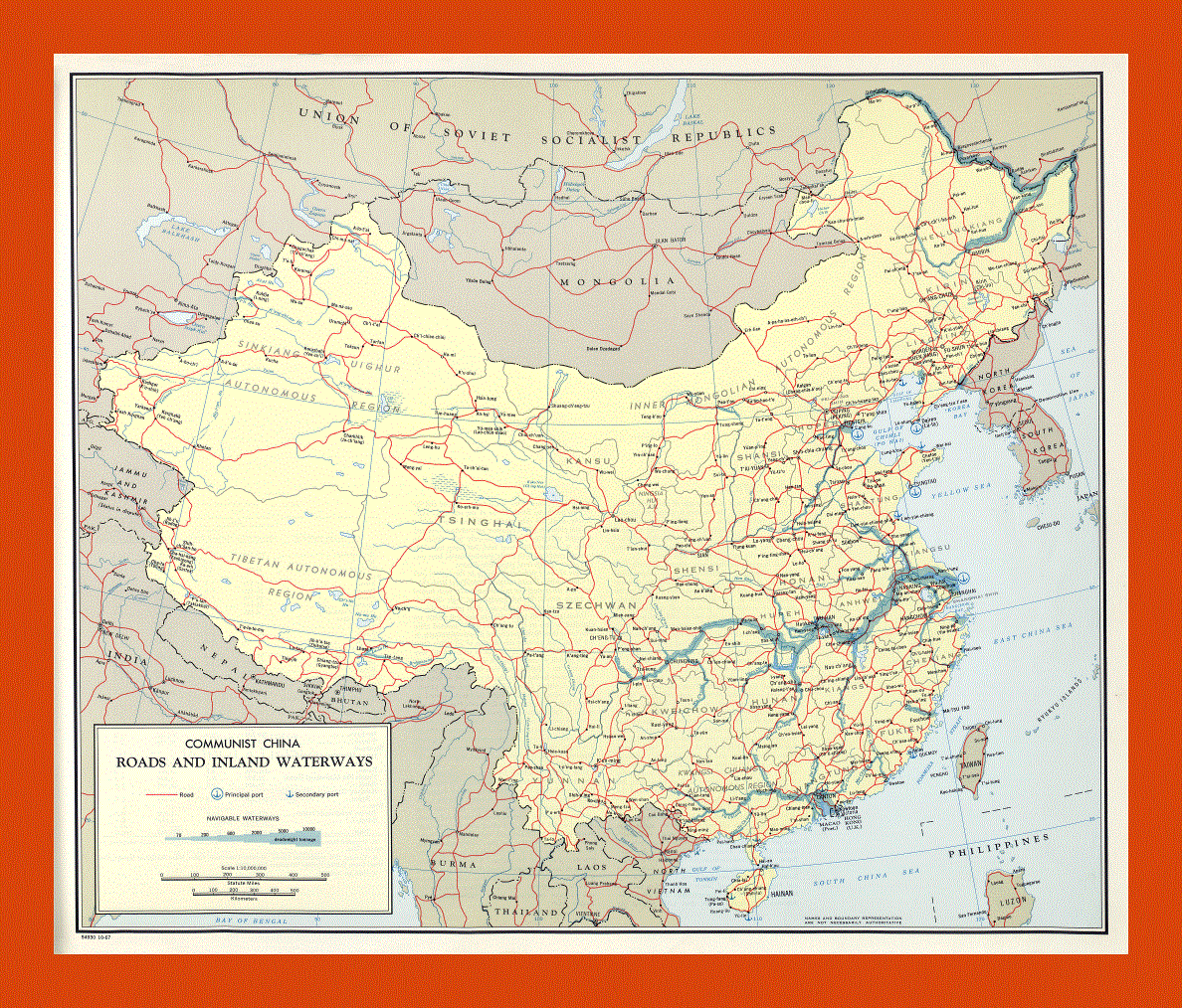 Roads and inland waterways map of Communist China - 1967