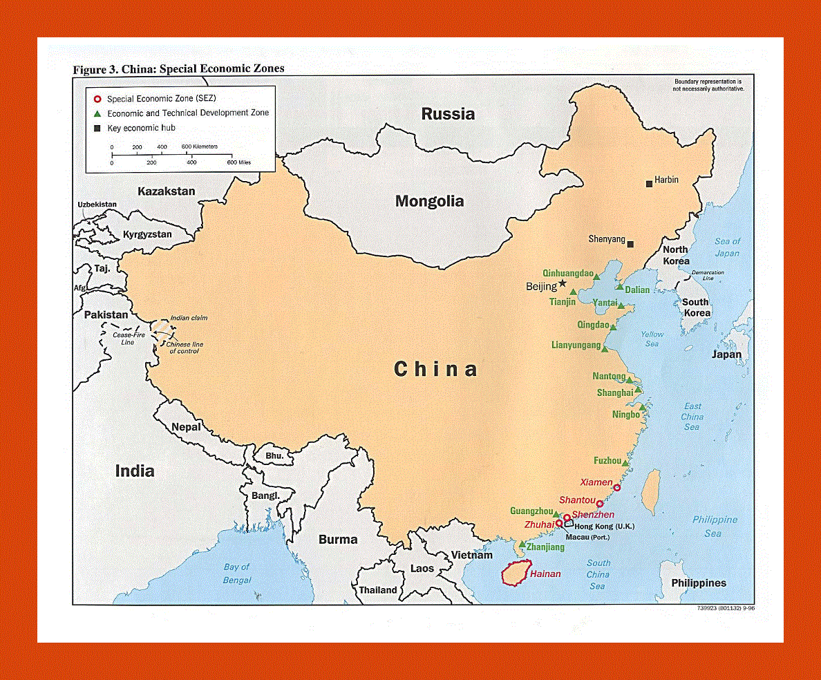 Special economic zones map of China - 1996