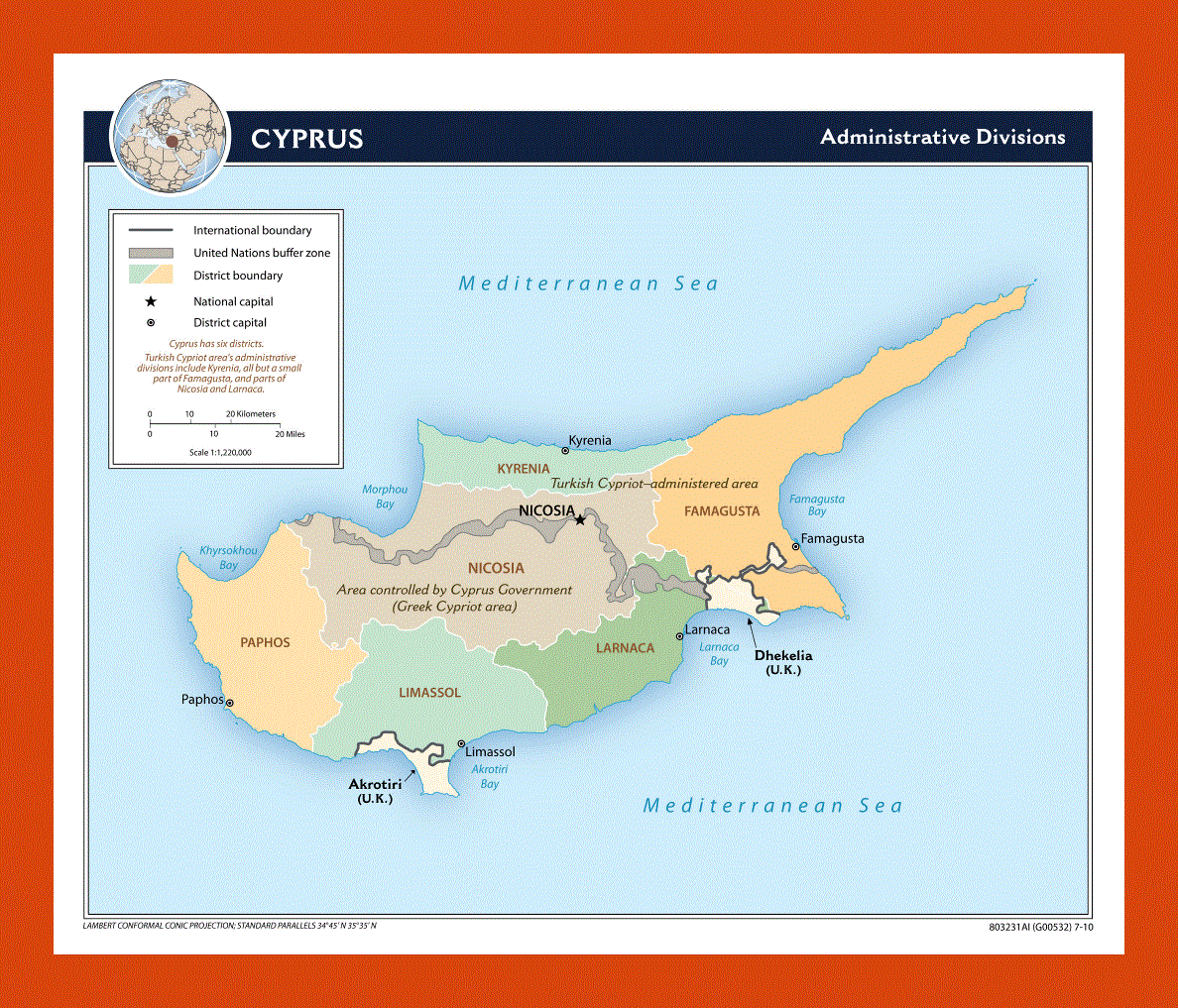 Administrative divisions map of Cyprus - 2010