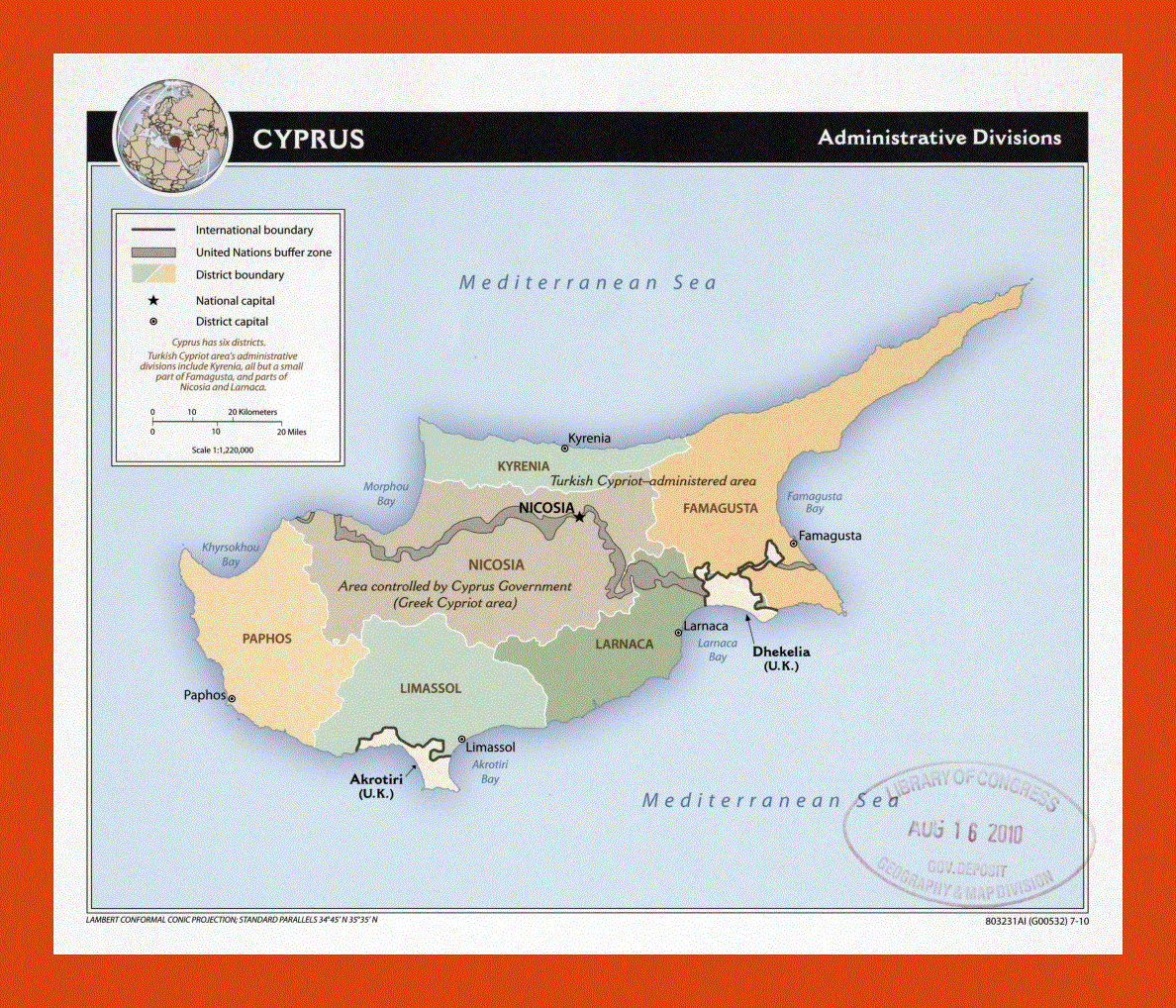 Administrative divisions map of Cyprus - 2010