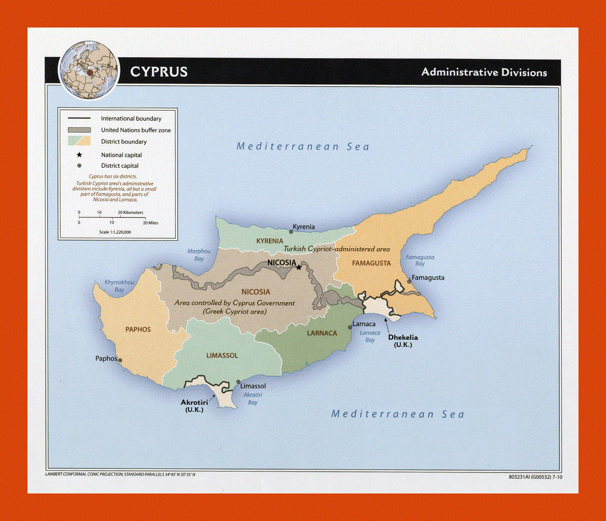 Administrative divisions map of Cyprus - 2010