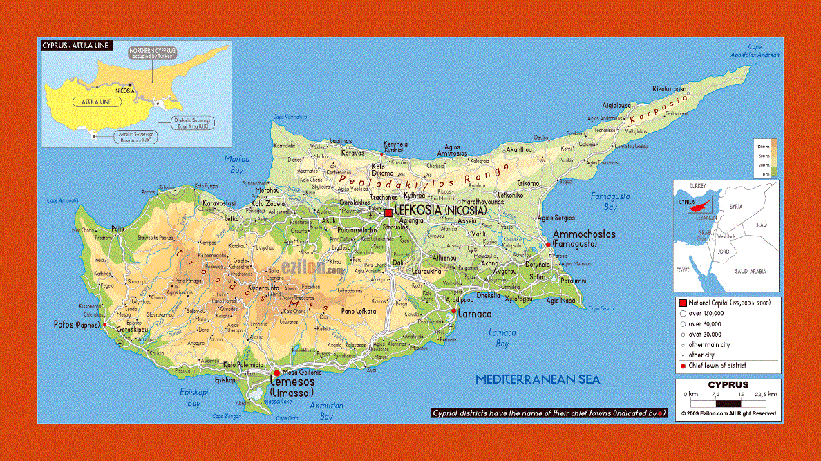 Physical map of Cyprus
