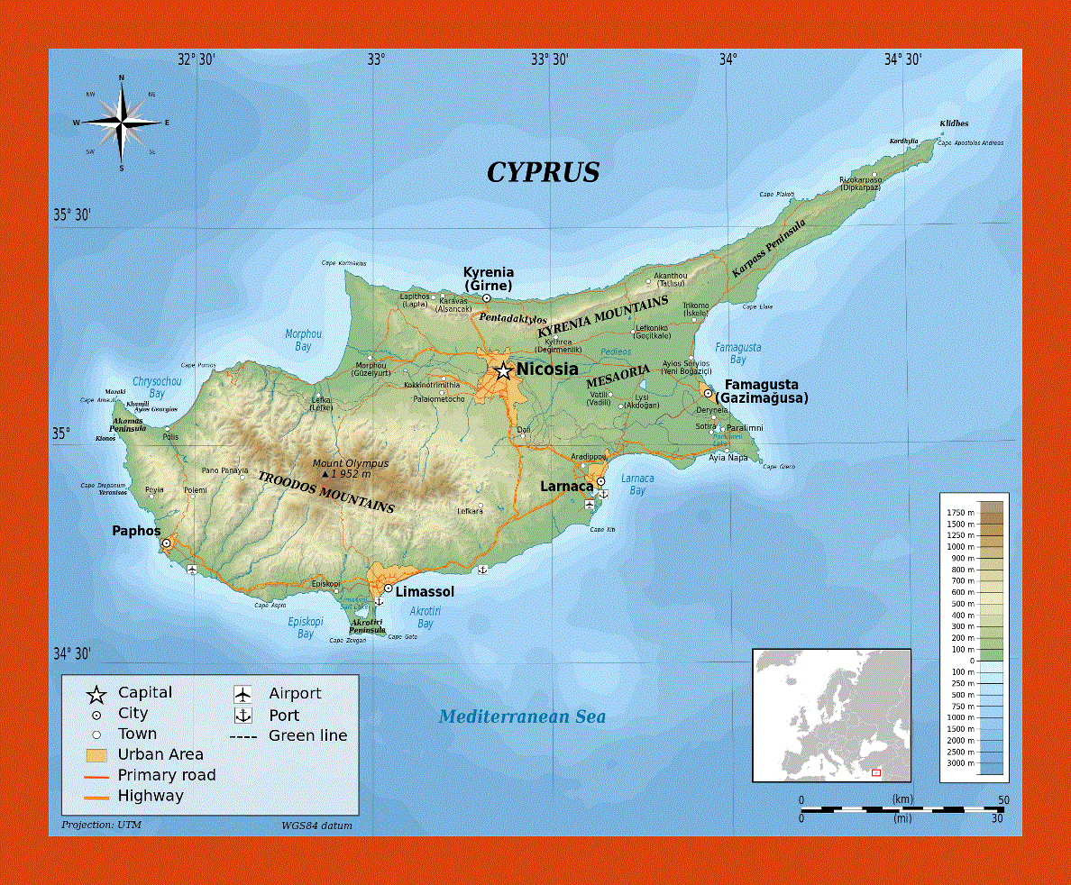 Physical map of Cyprus