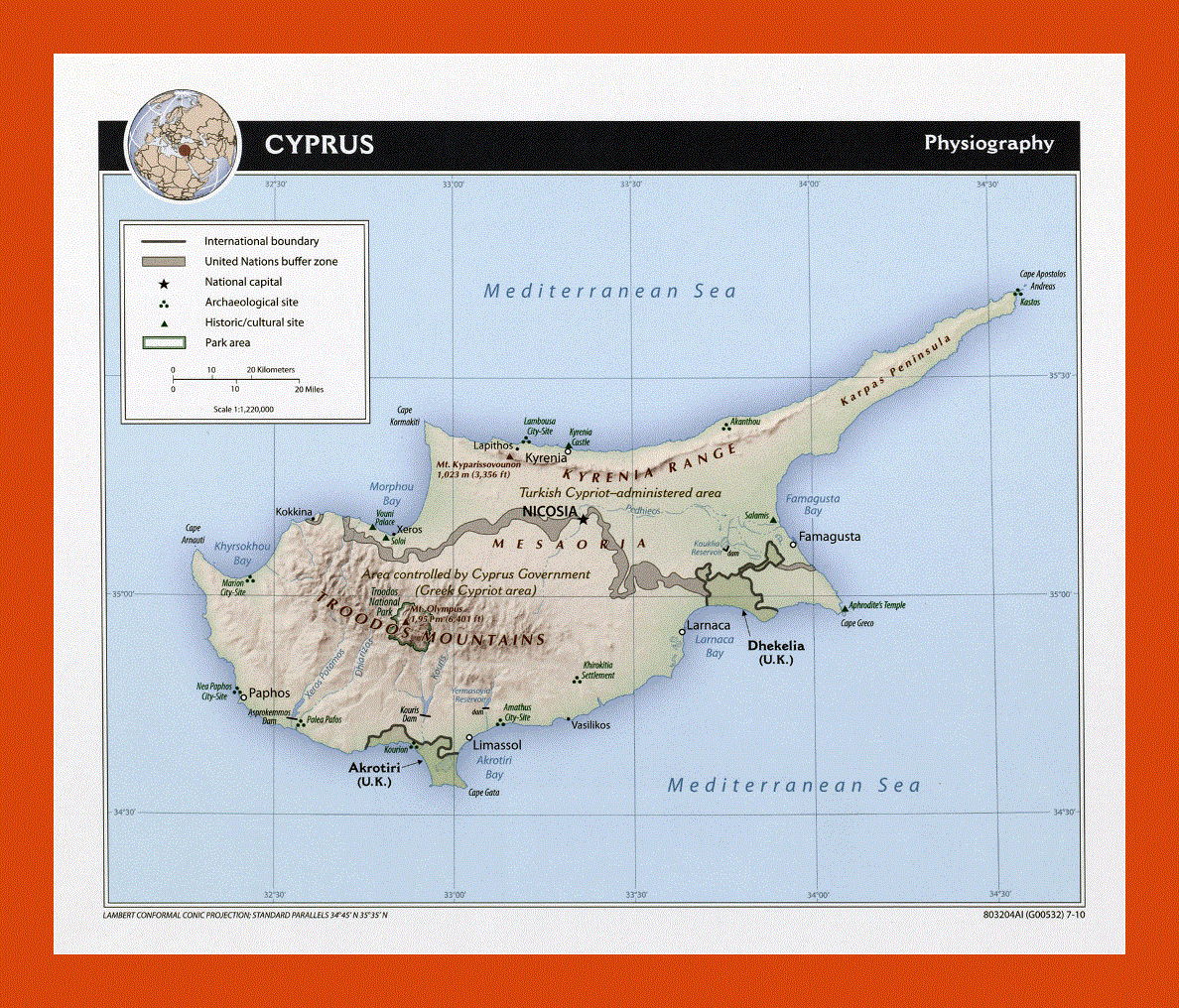 Physiography map of Cyprus - 2010