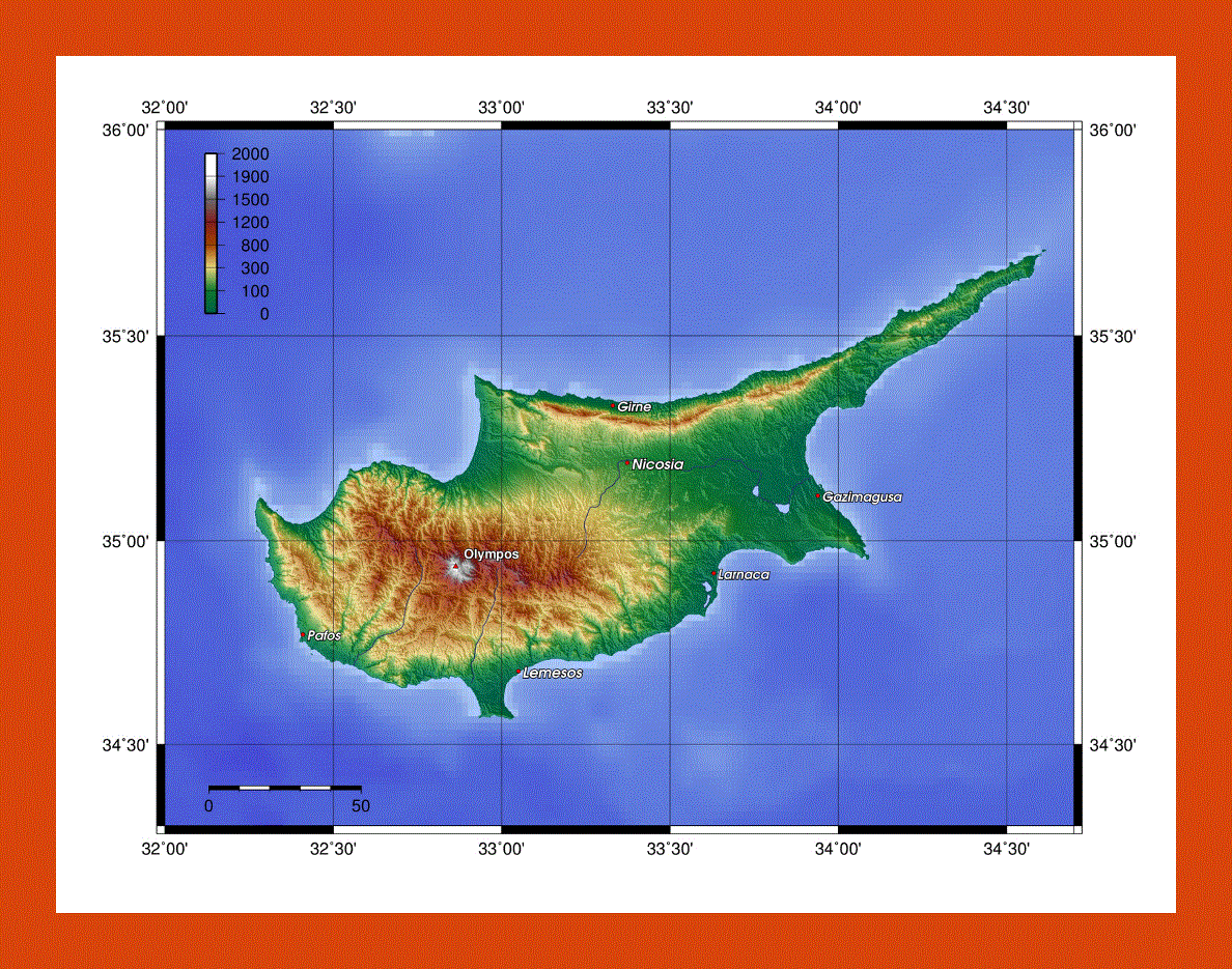 Topographical map of Cyprus