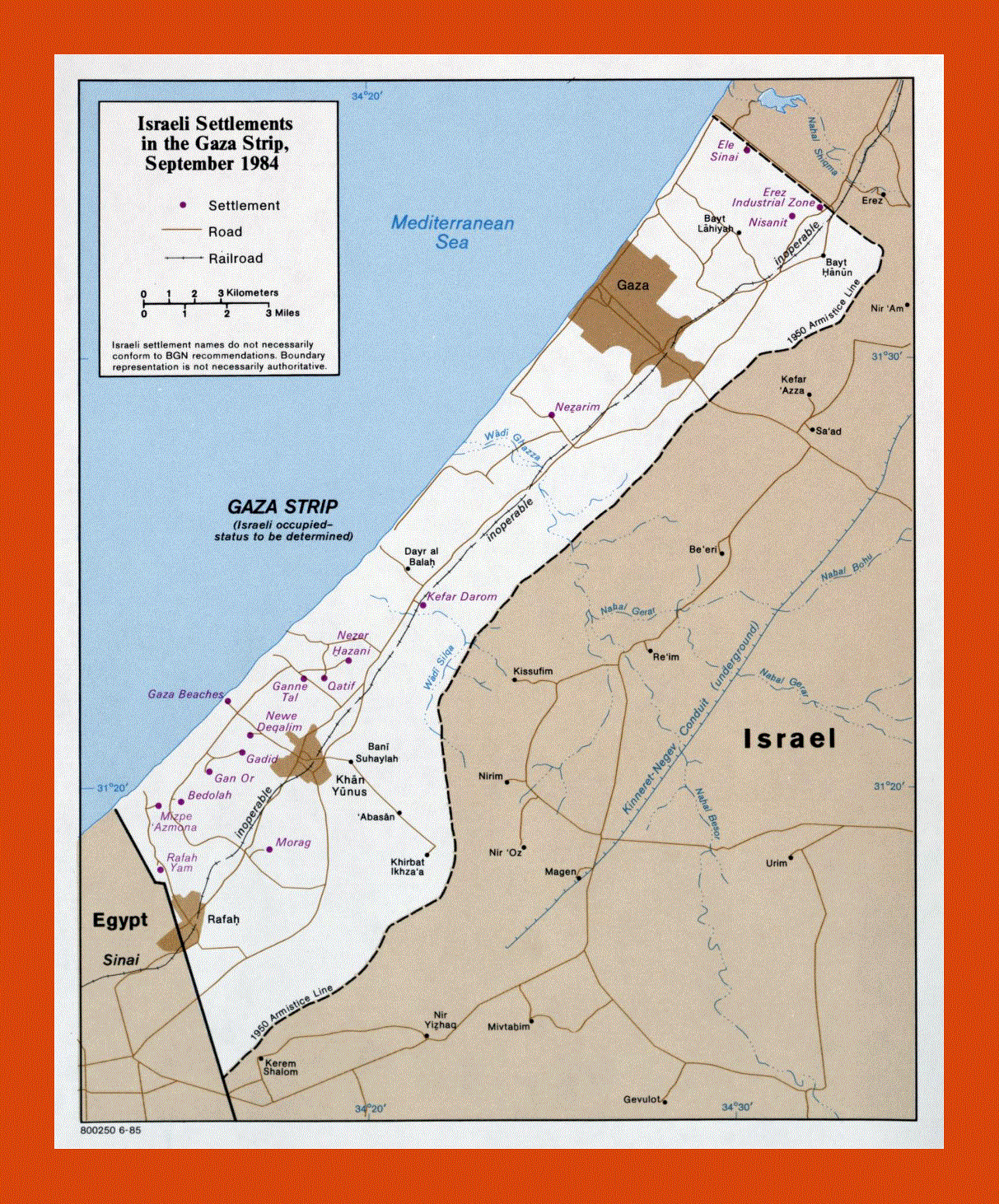 Map of Israeli Settlements in the Gaza Strip - 1985