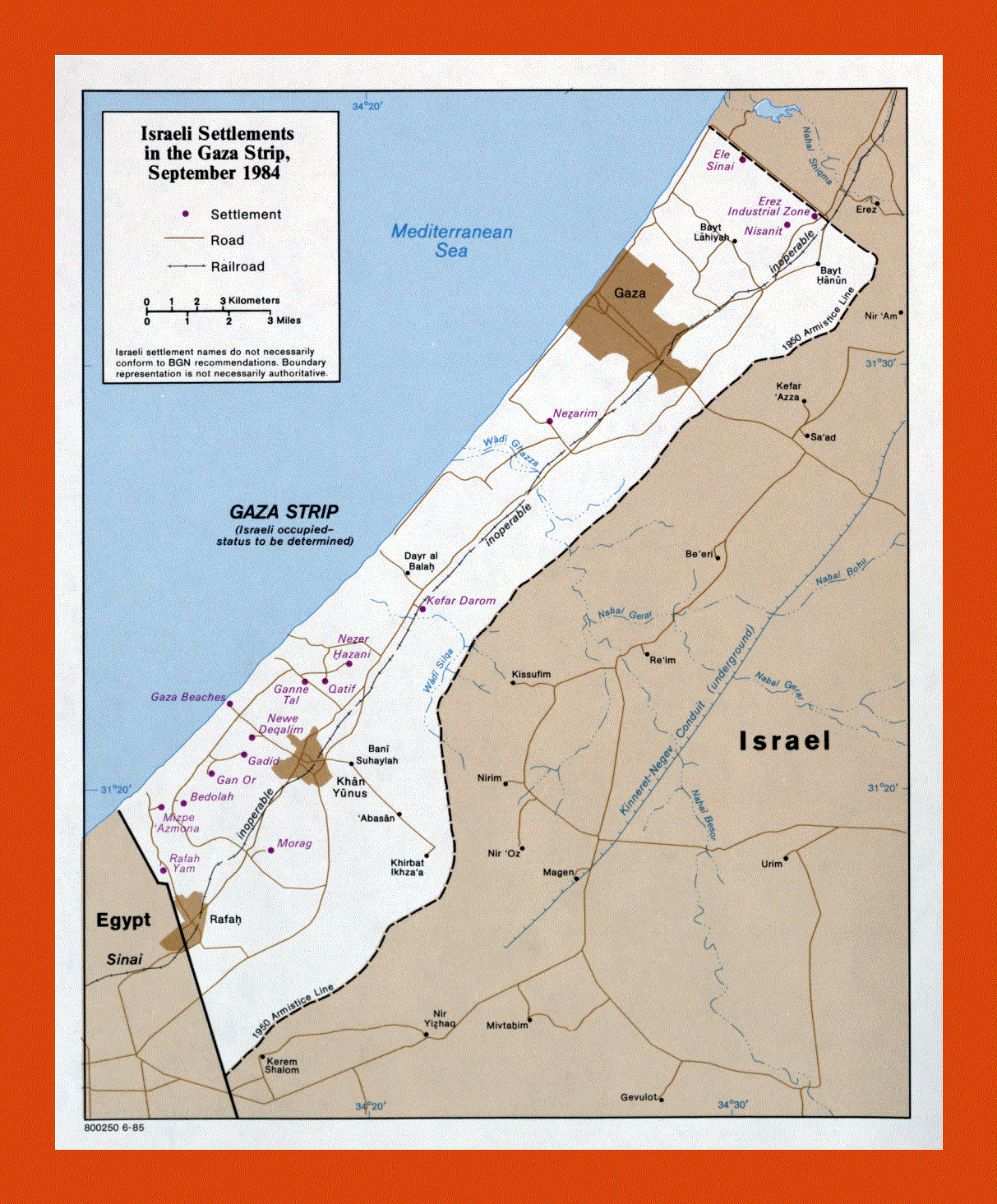 Map of Israeli Settlements in the Gaza Strip - 1985