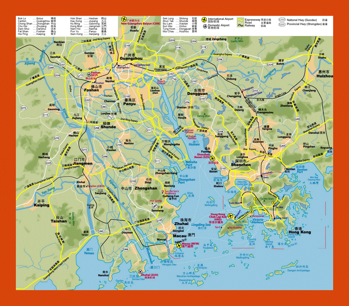 Highways map of Hong Kong, Shenzhen, Guangzhou and Macau Region