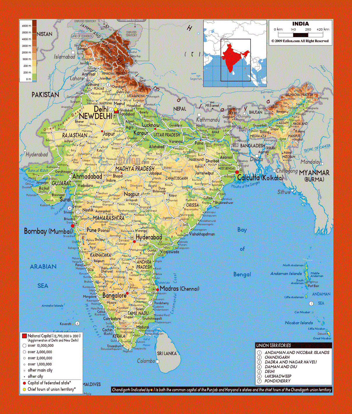 Physical map of India