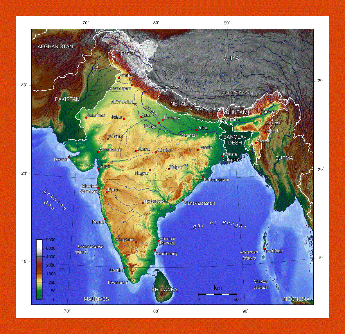Topographical map of India