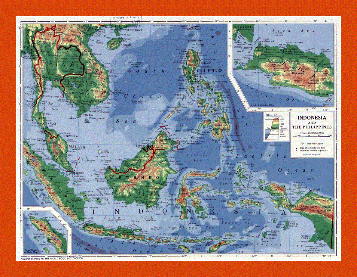 Physical map of Indonesia and the Philippines - 1952