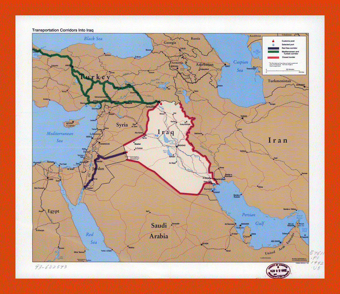 Map of transportation corridors into Iraq - 1992