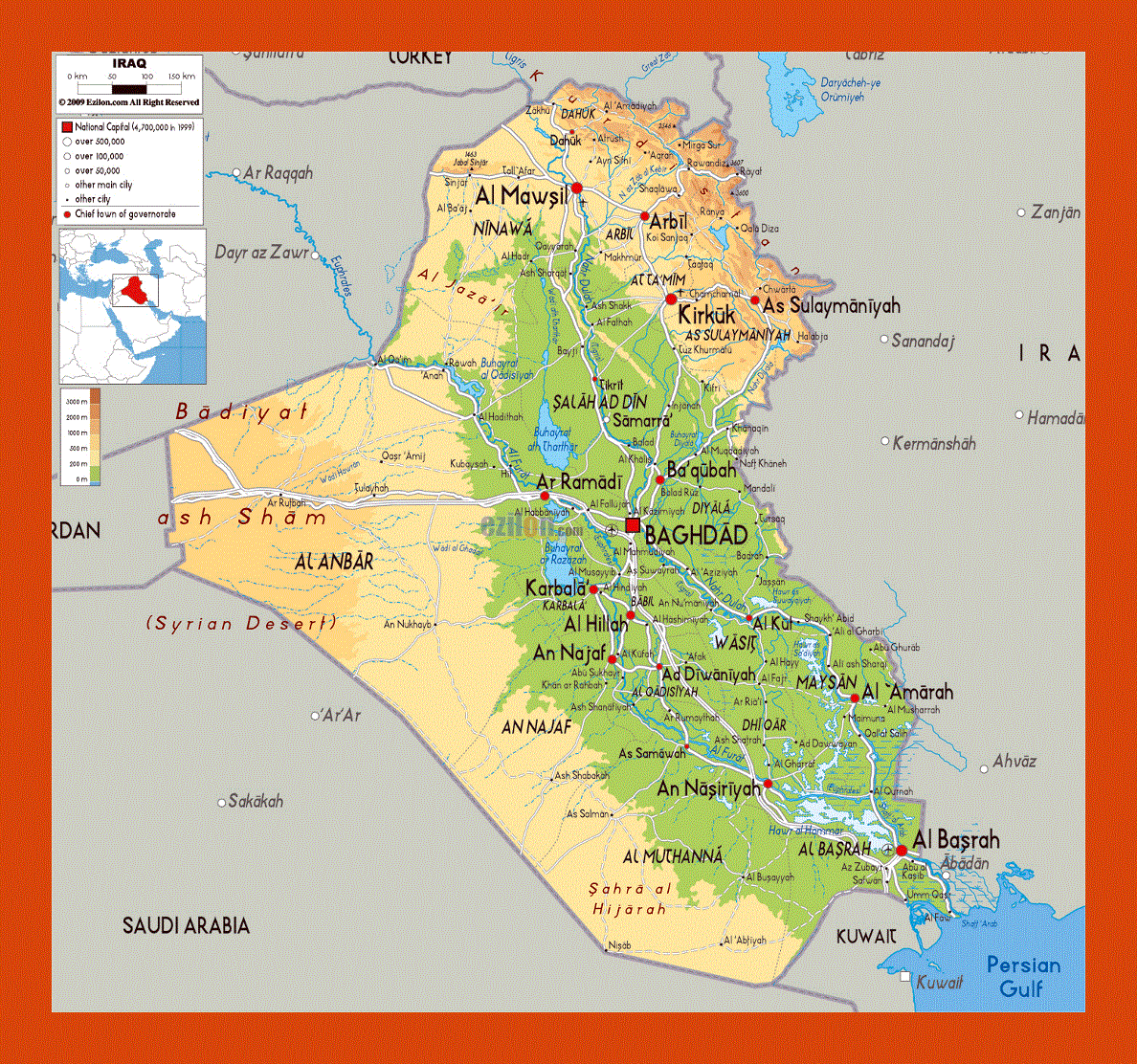 Physical map of Iraq
