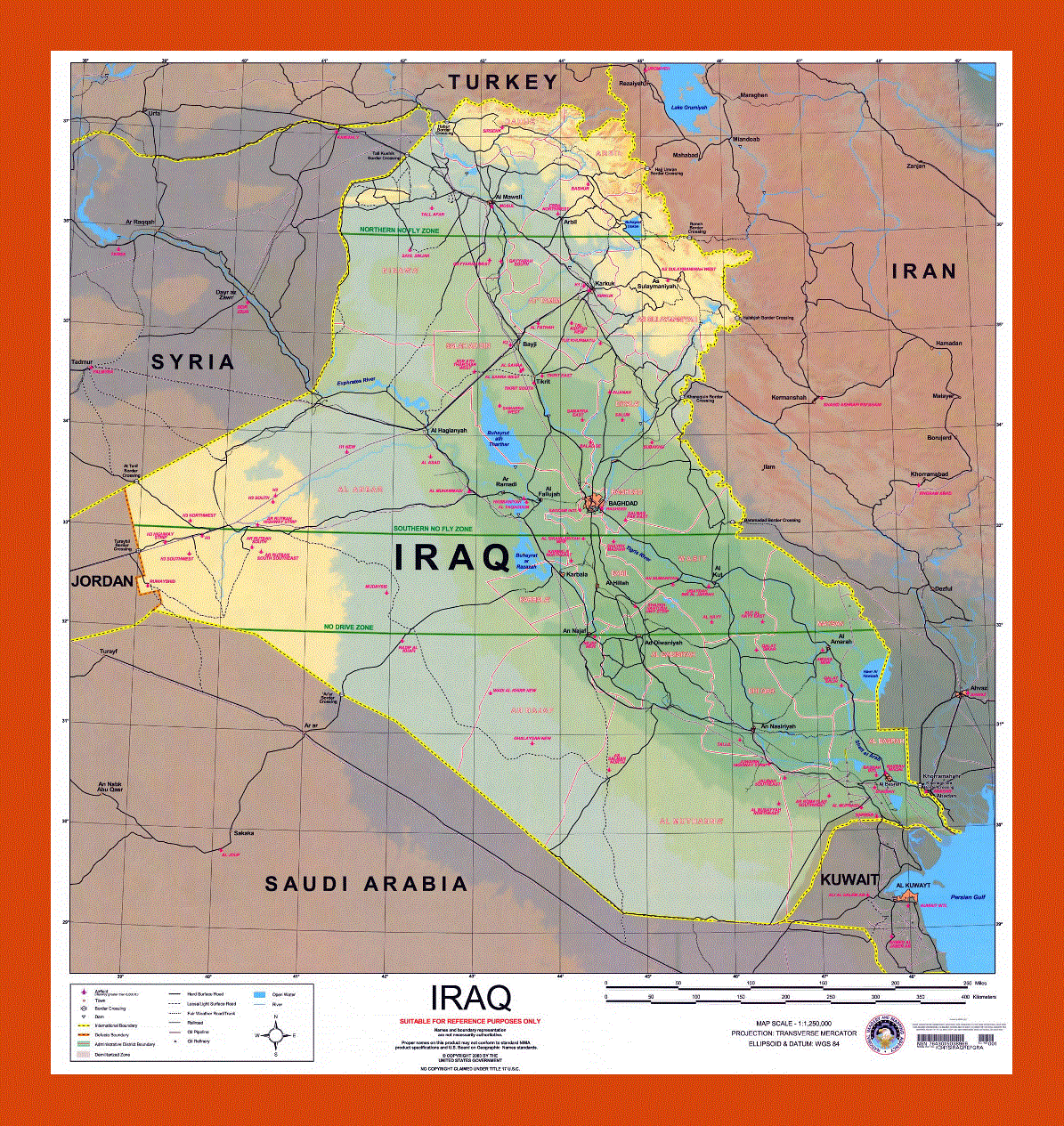 Political and elevation map of Iraq