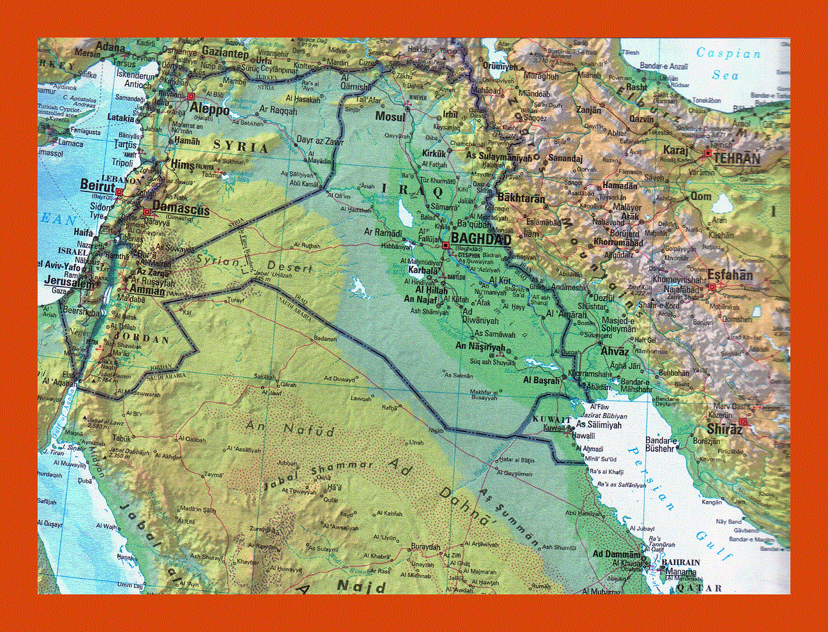 Topographical and political map of Iraq