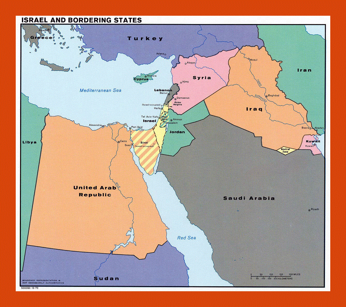Map of Israel and Bordering States - 1970