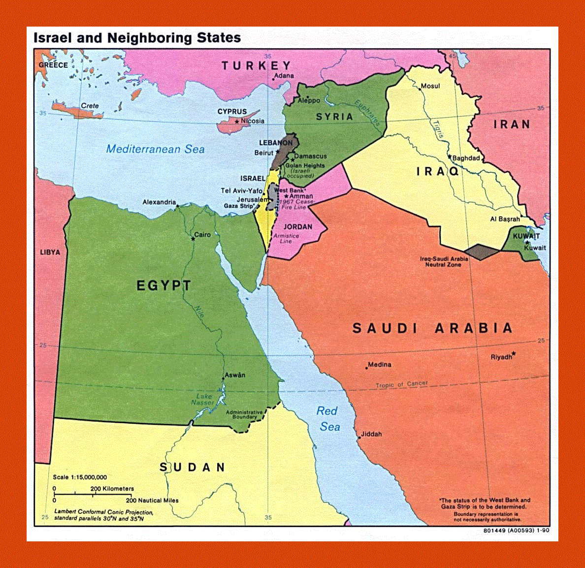 Map of Israel and Neighboring States - 1990
