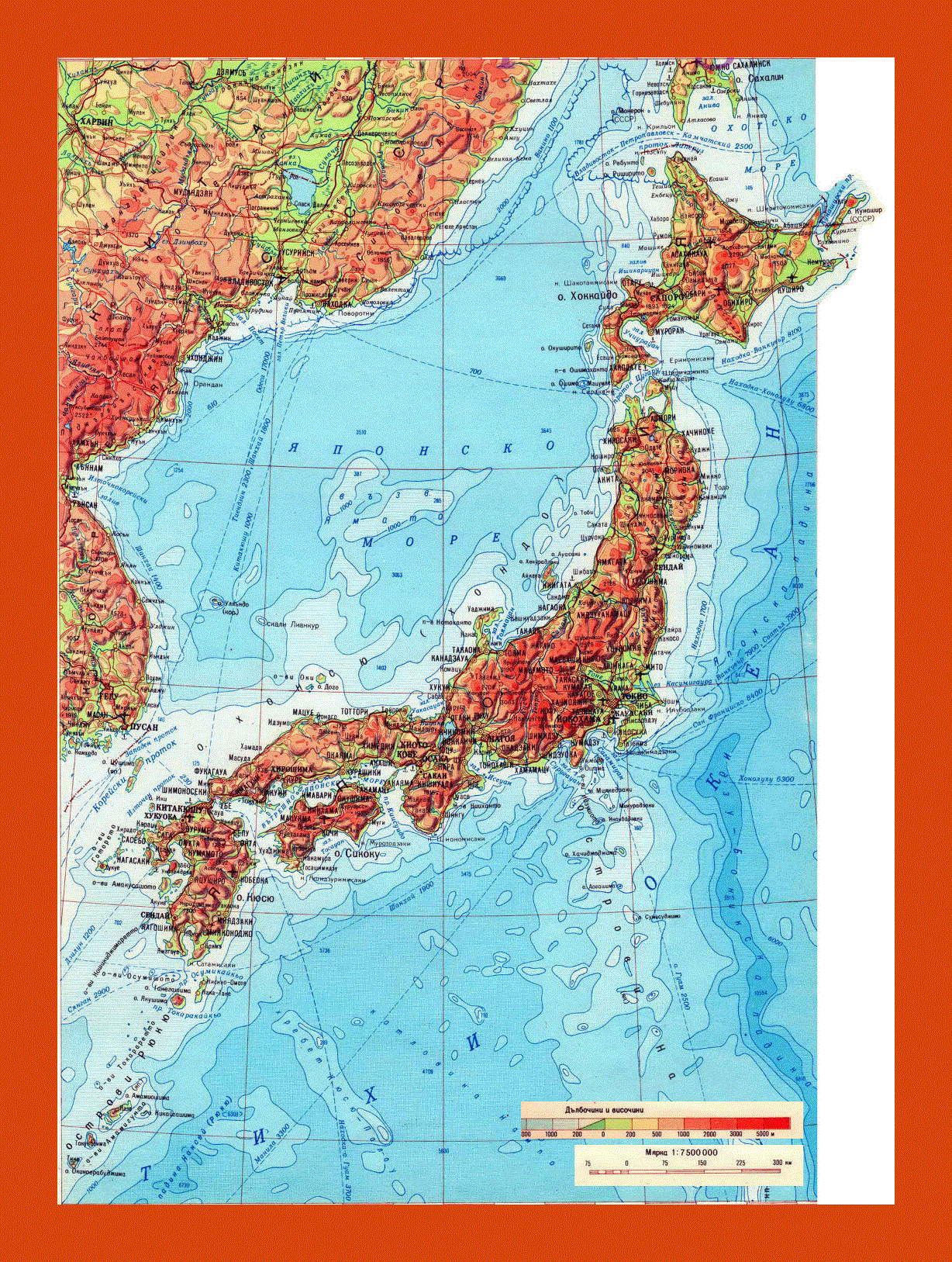 Physical map of Japan in russian