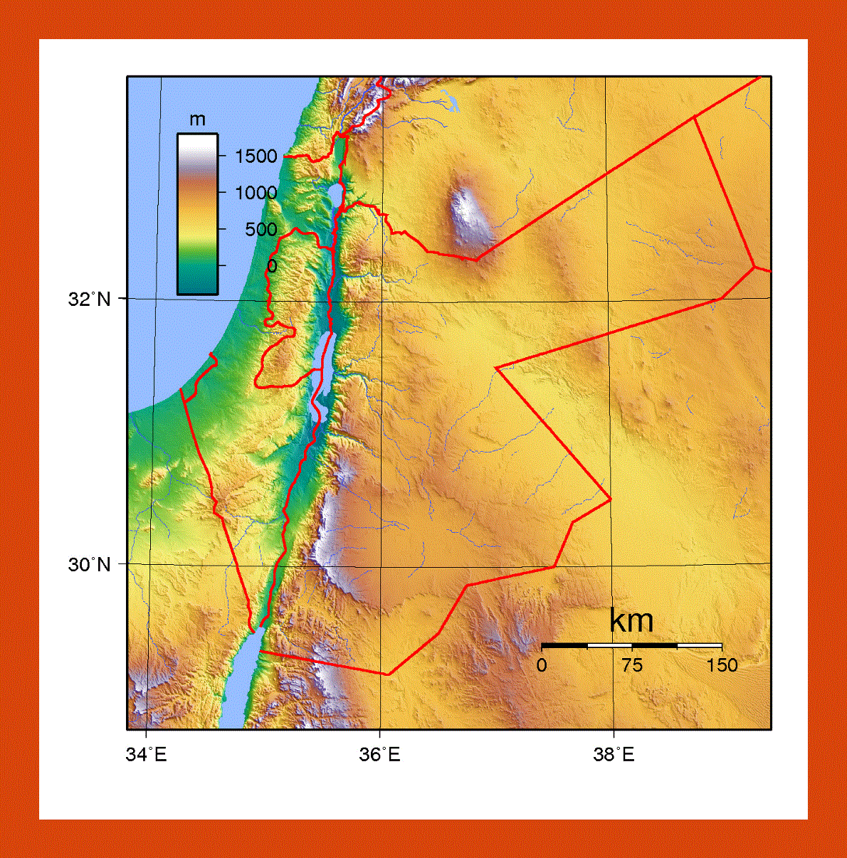 Topographical map of Jordan