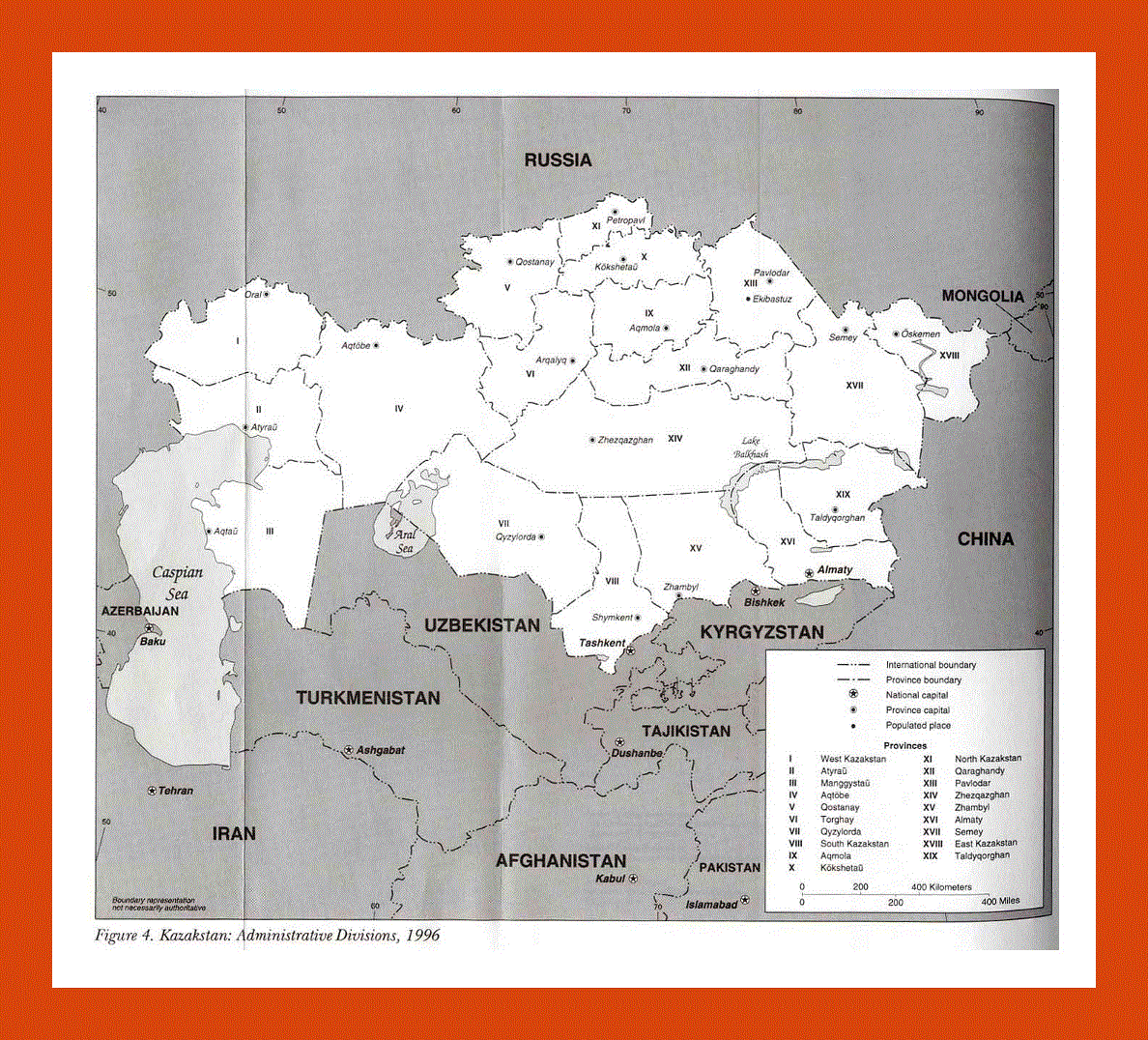 Administrative divisions map of Kazakhstan - 1996