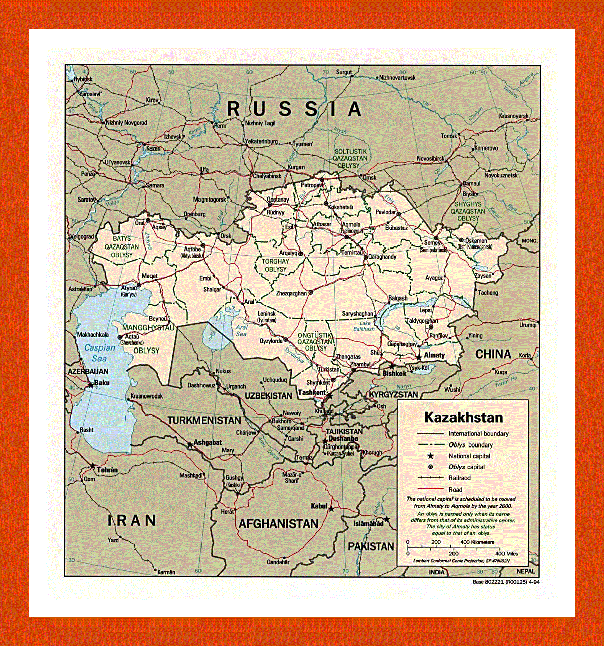 Political and administrative map of Kazakhstan - 1994