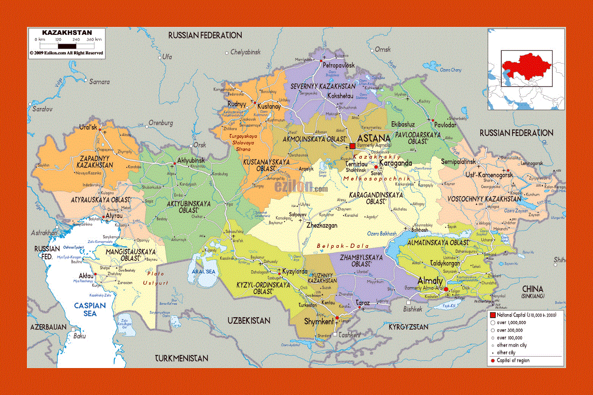 Political and administrative map of Kazakhstan