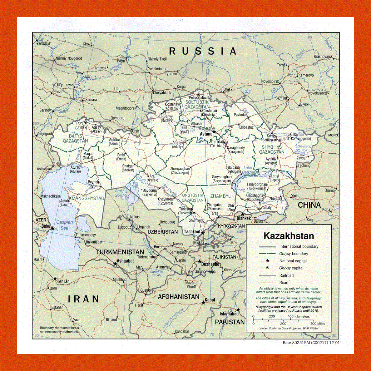 Political and administrative map of Kazakhstan - 2001