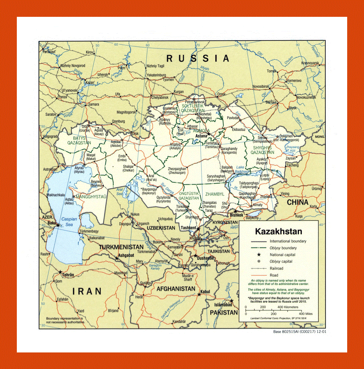 Political and administrative map of Kazakhstan - 2001