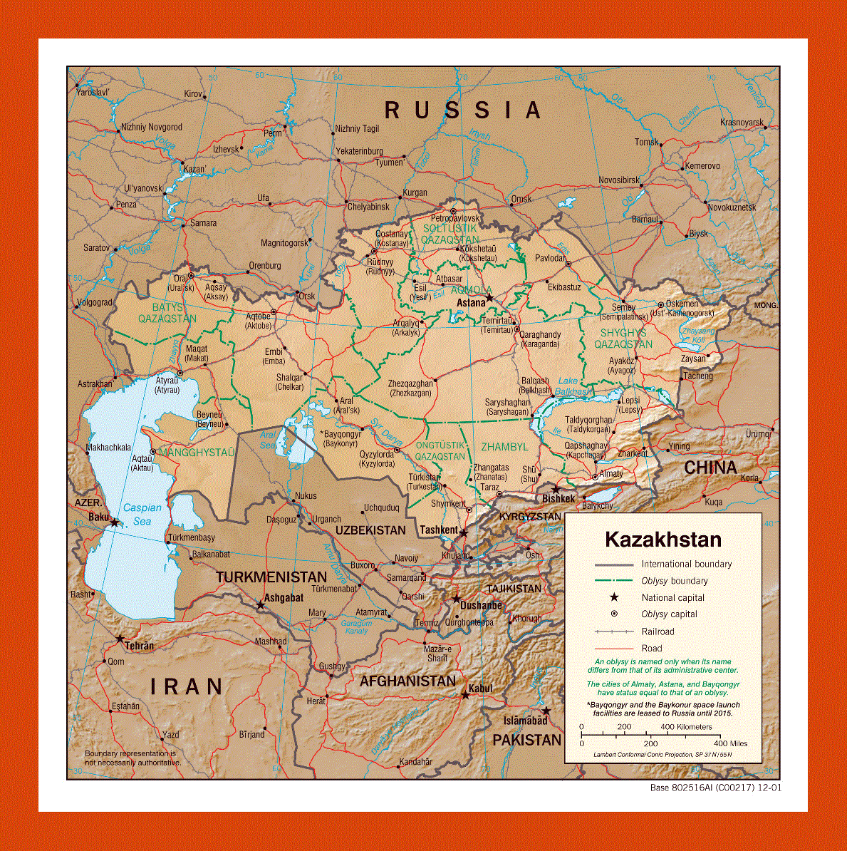 Political and administrative map of Kazakhstan - 2001