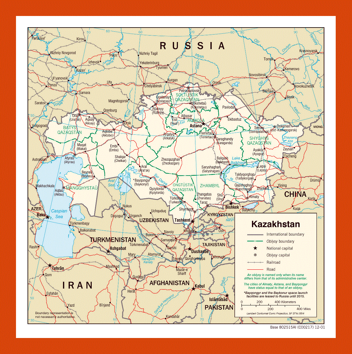 Political and administrative map of Kazakhstan - 2001