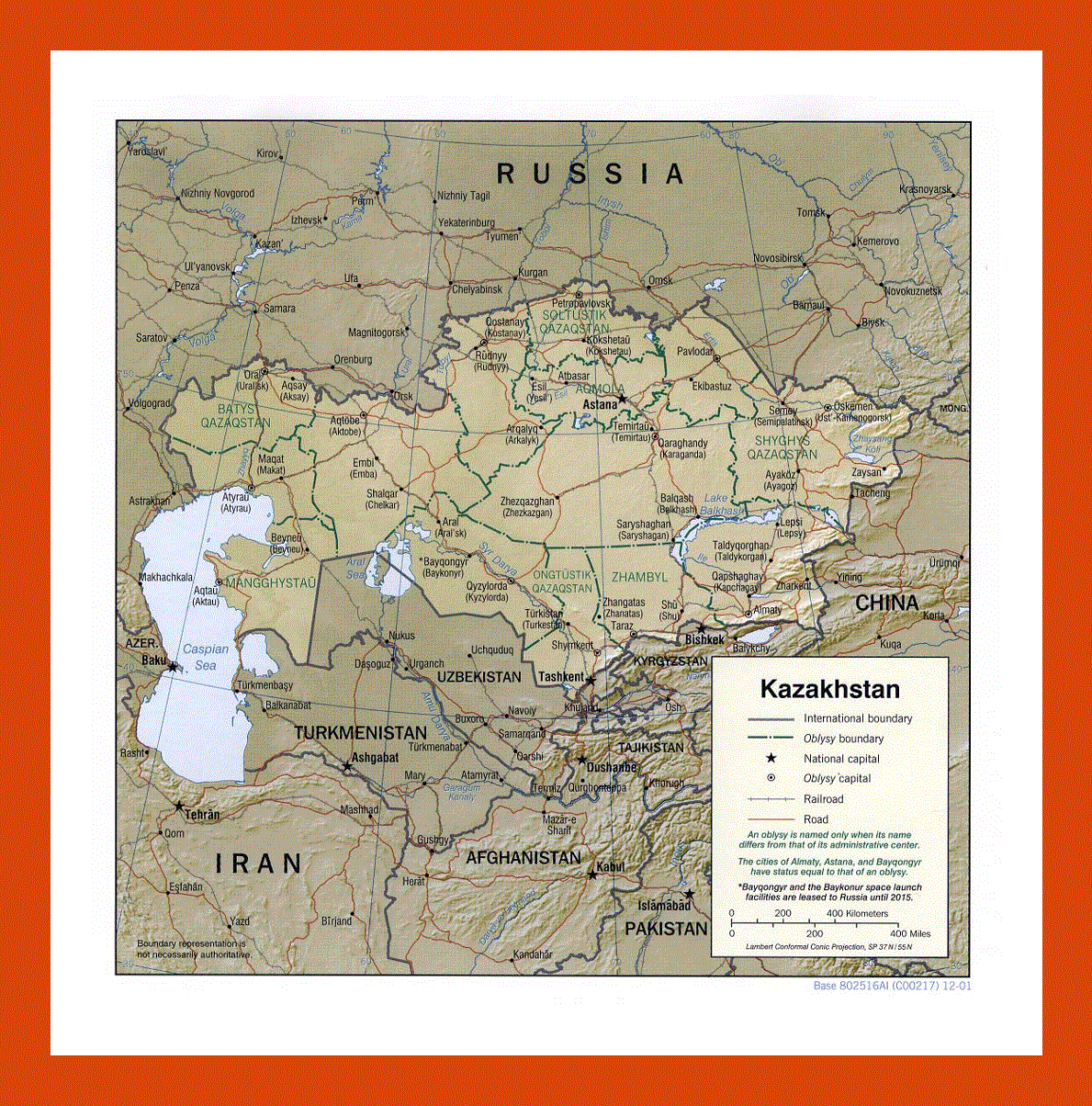 Political and administrative map of Kazakhstan - 2001