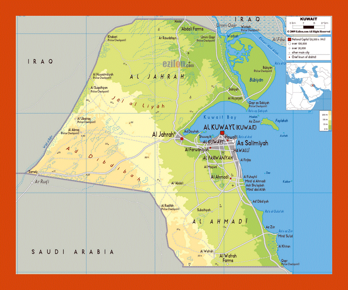 Physical map of Kuwait