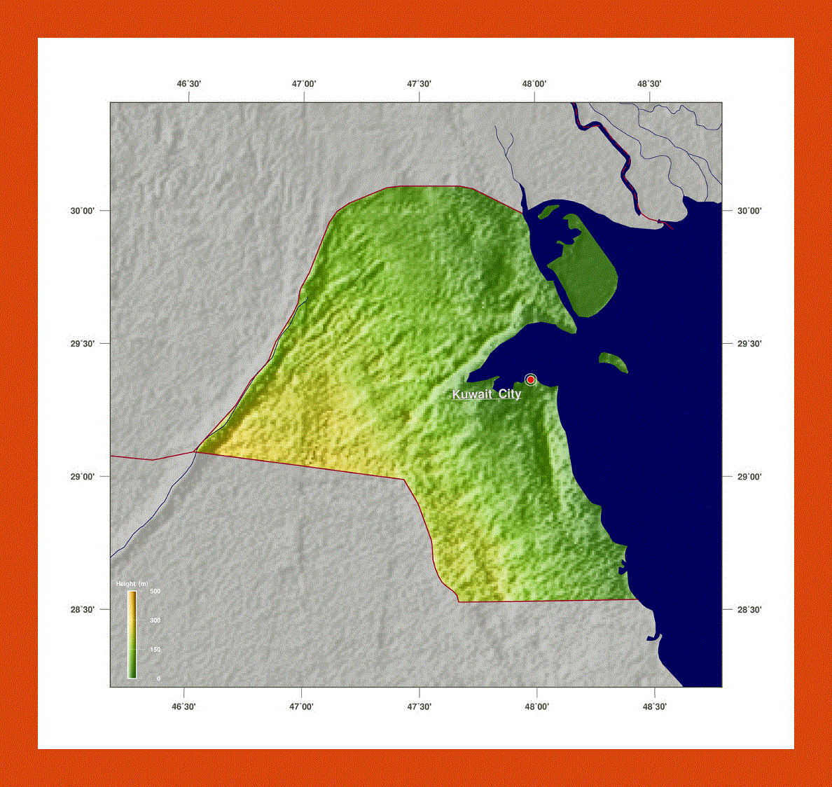 Physical map of Kuwait