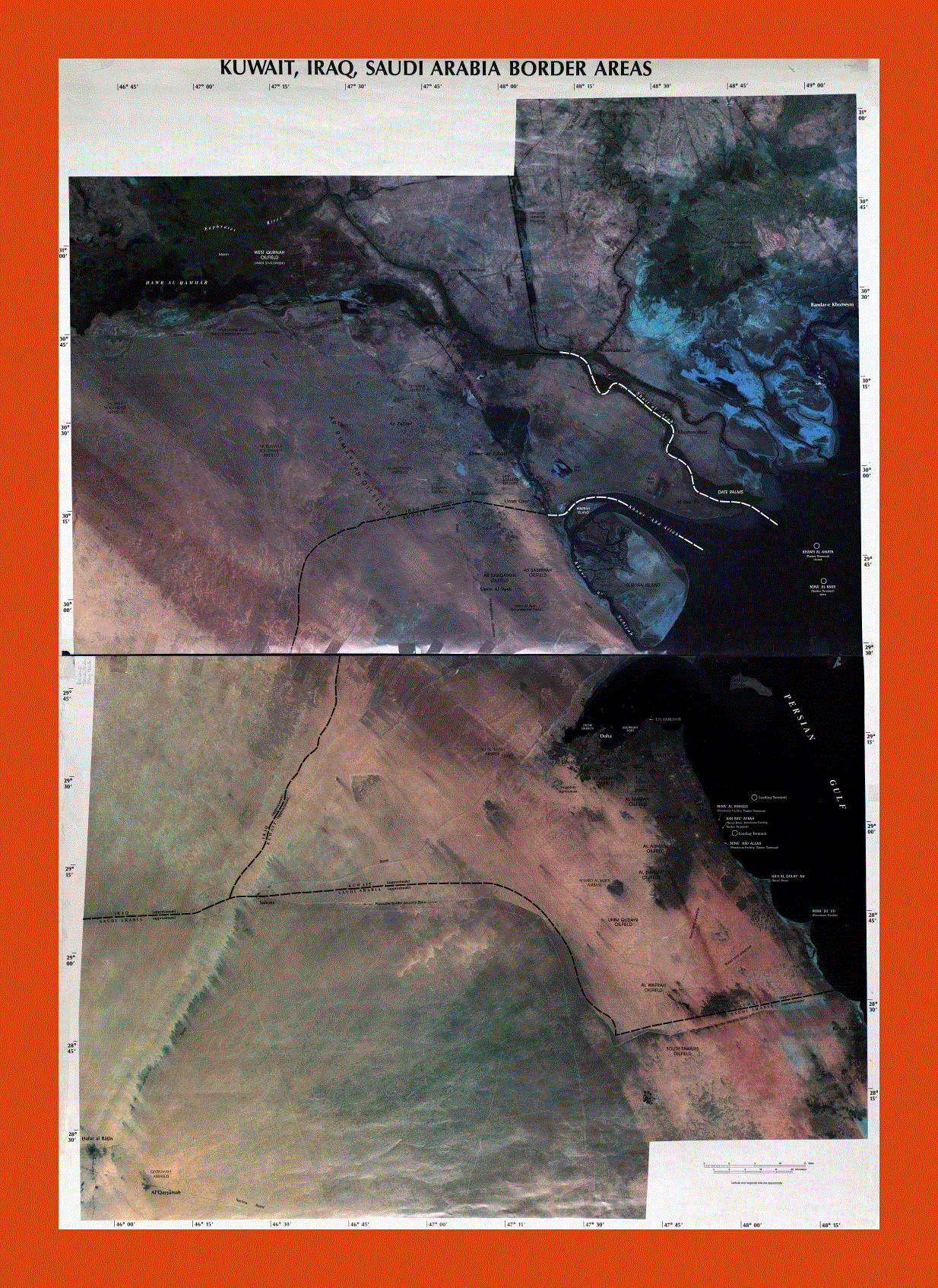 Satellite map of Kuwait, Iraq and Saudi Arabia border areas - 2003