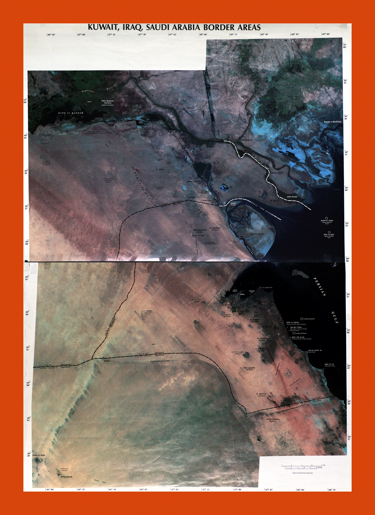 Satellite map of Kuwait, Iraq and Saudi Arabia border areas - 2003