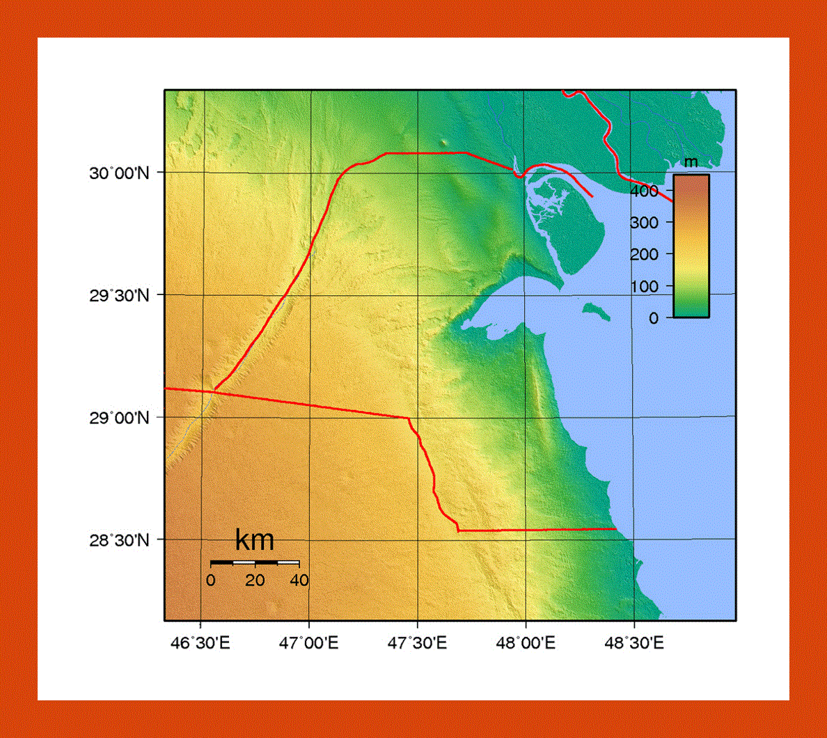 Topographical map of Kuwait